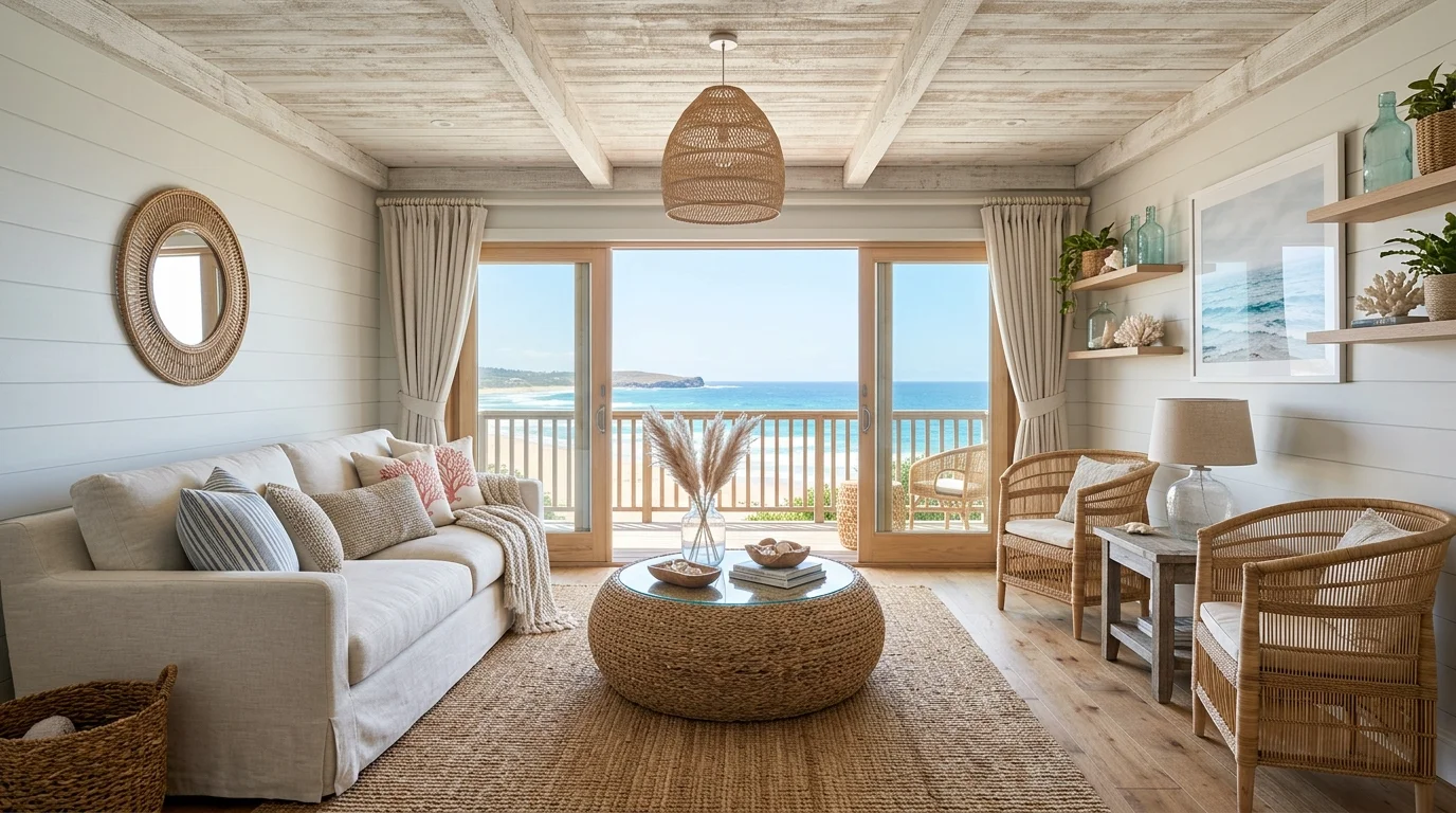 A beach themed room with a mix of textures including wood glass and woven elements bright lighting harmonious relaxed coastal design no people