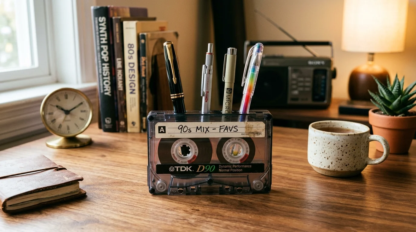 A vintage cassette tape turned into a desk pen holder, glossy black and clear plastic textures, placed on a minimalist wooden desk with retro decor accents, warm soft lighting, no people
