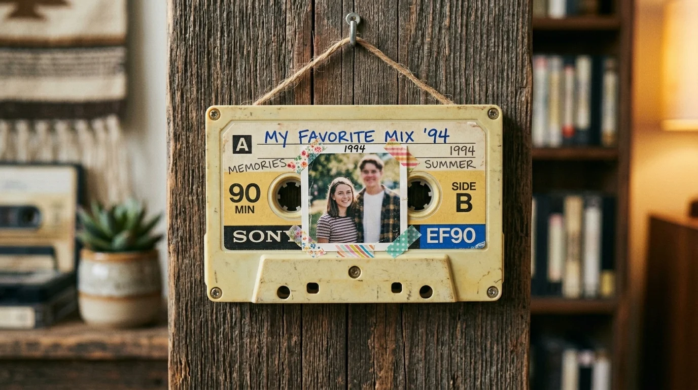 A DIY cassette tape photo frame holding a small printed photograph, mounted on a rustic wooden surface, nostalgic 90s vibe, soft ambient lighting, close-up composition, no people
