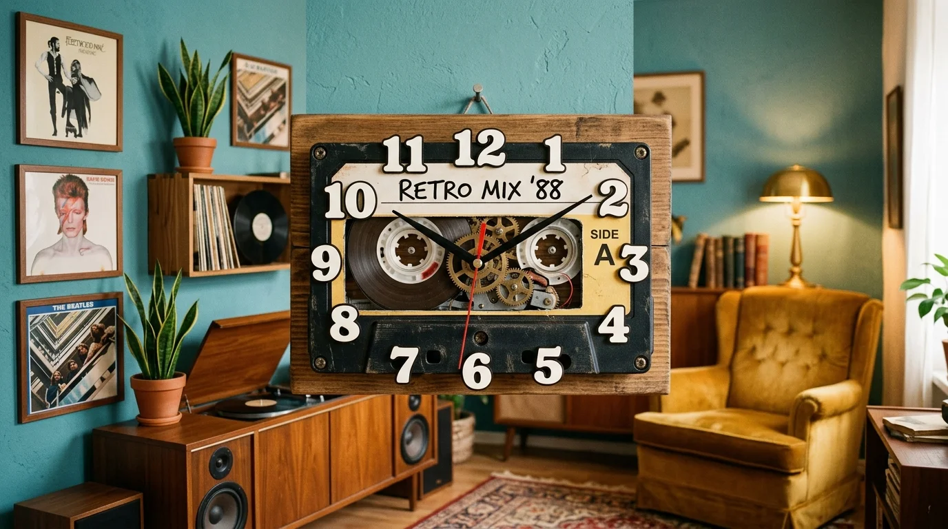 A cassette tape repurposed into a quirky wall clock with visible gears and bold numbers, retro-inspired living room backdrop, warm vintage lighting, artistic composition, no people