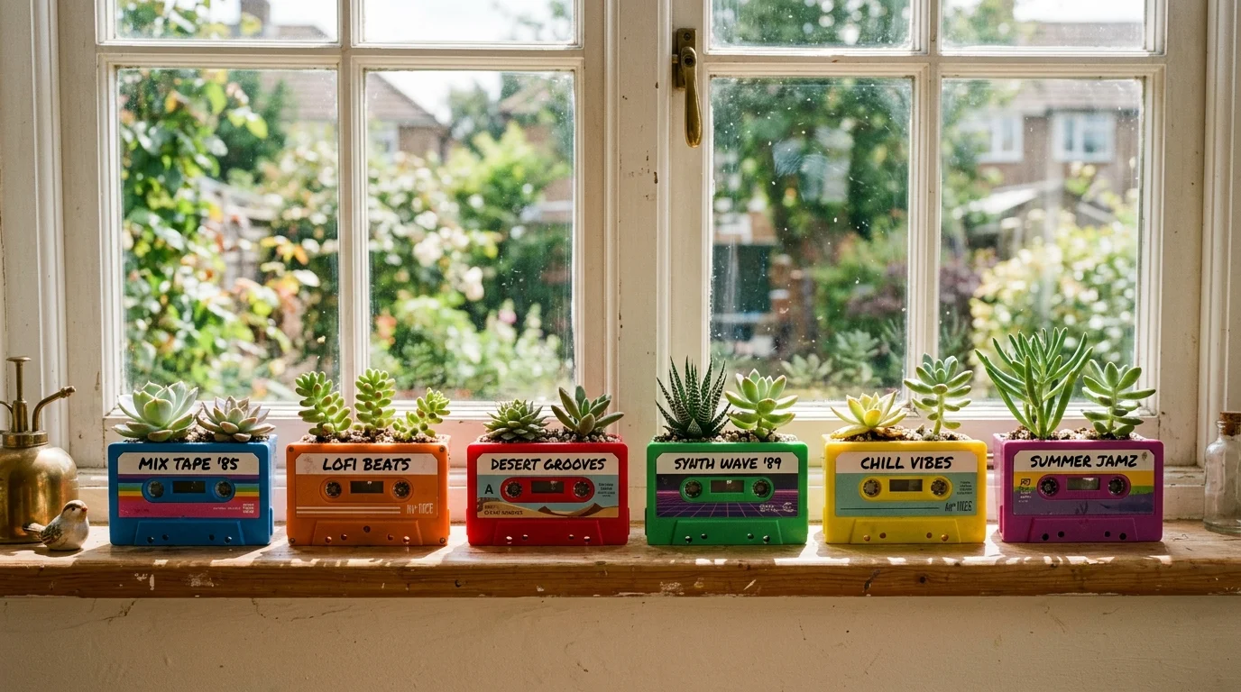 A colorful set of cassette tapes transformed into small planters holding succulents, arranged on a windowsill with natural sunlight, playful retro-modern fusion, no people