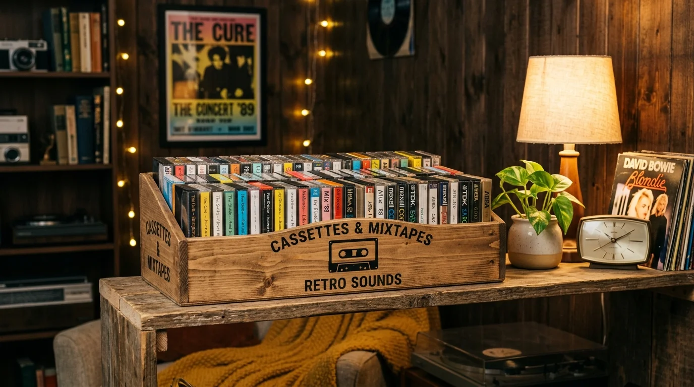 A cassette tape shelf display where tapes are stacked into a decorative storage box, organized retro aesthetic, cozy room setting with warm lighting, no people