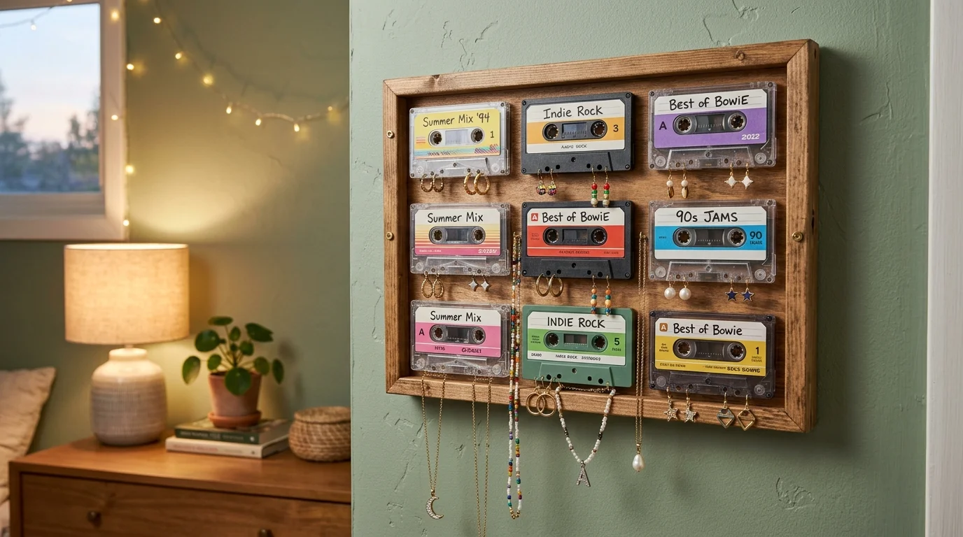 A DIY cassette tape jewelry holder mounted on a wall, tapes modified with hooks for necklaces and earrings, stylish bedroom decor, soft warm lighting, no people