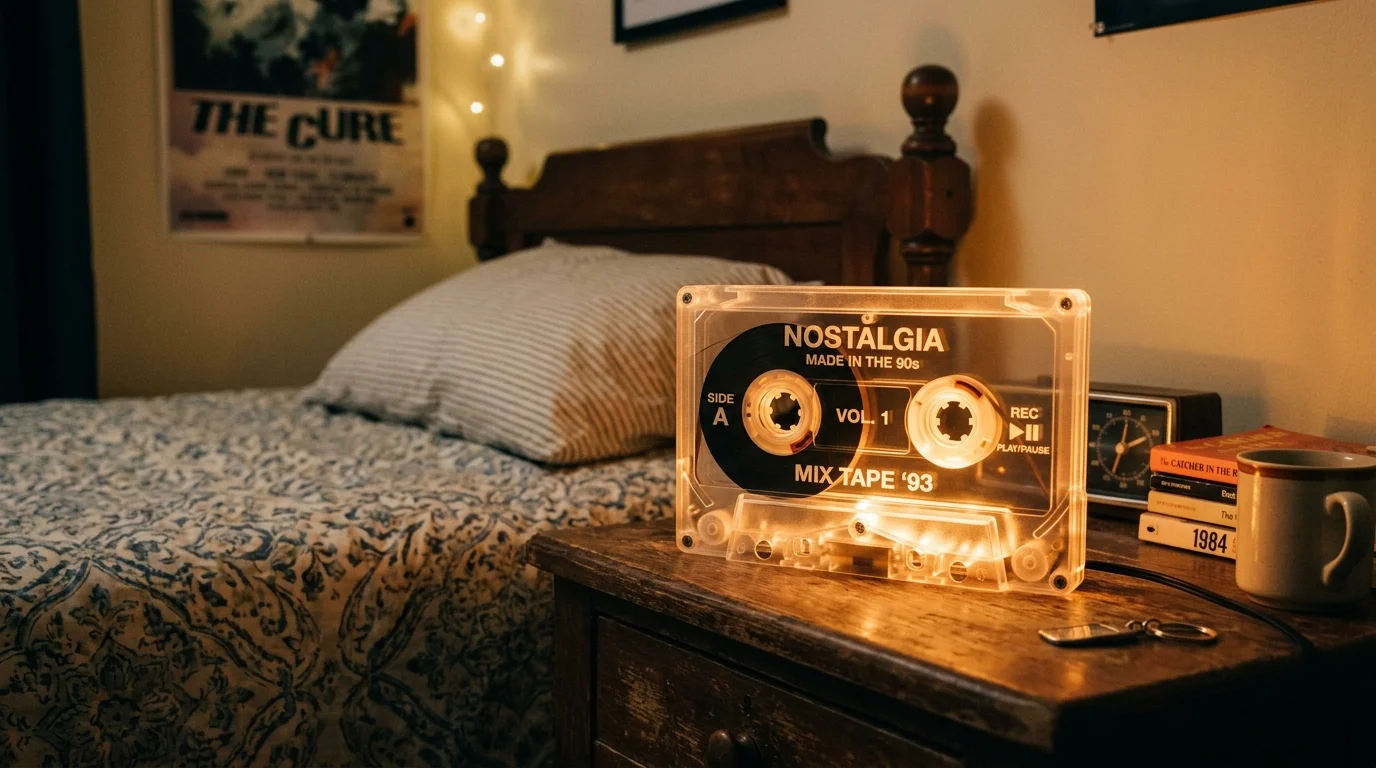 A cassette tape lamp design with translucent shell and warm glowing light inside, placed on a bedside table, nostalgic ambient glow, retro bedroom atmosphere, no people