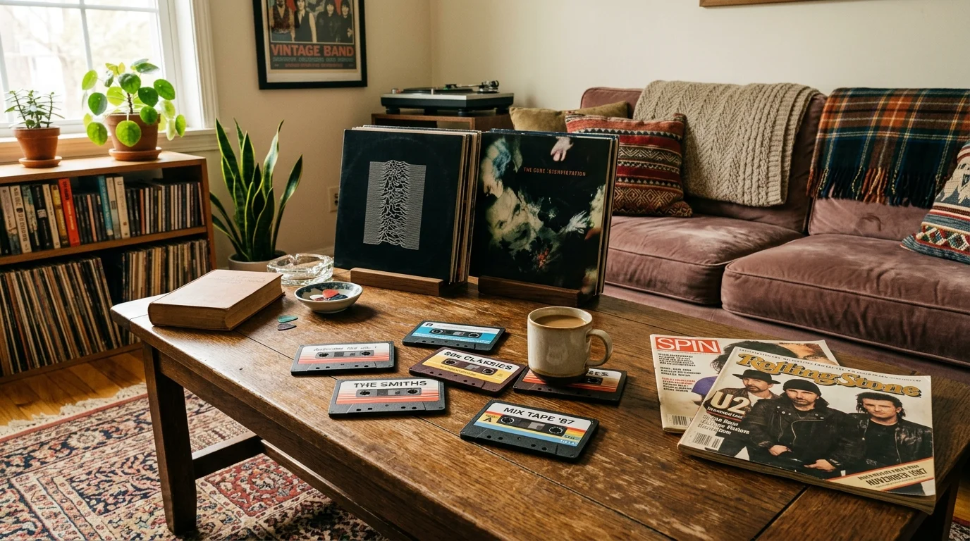 A cassette tape coasters set arranged on a coffee table with retro magazine and vinyl decor, cozy living room vibe, warm natural light, no people