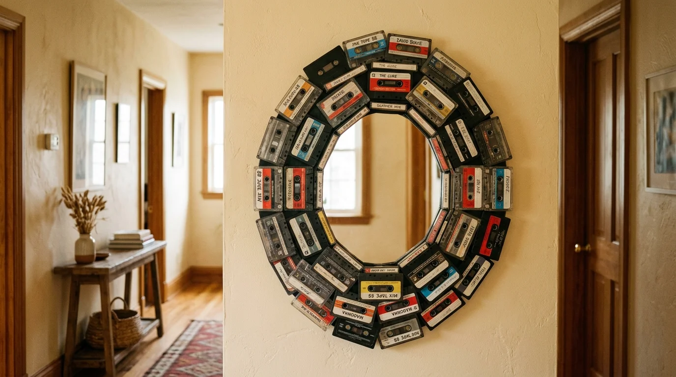 A cassette tape mirror frame with tapes arranged around a small circular mirror, bold retro statement piece, hallway wall decor, soft diffused lighting, no people