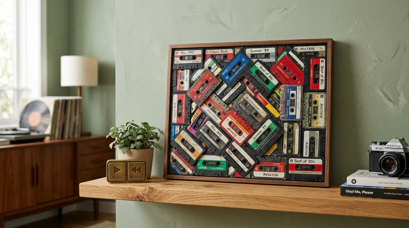 A cassette tape-inspired decorative art piece combining multiple tapes into a mosaic-style abstract sculpture, displayed on a modern shelf, nostalgic yet artistic aesthetic, no people