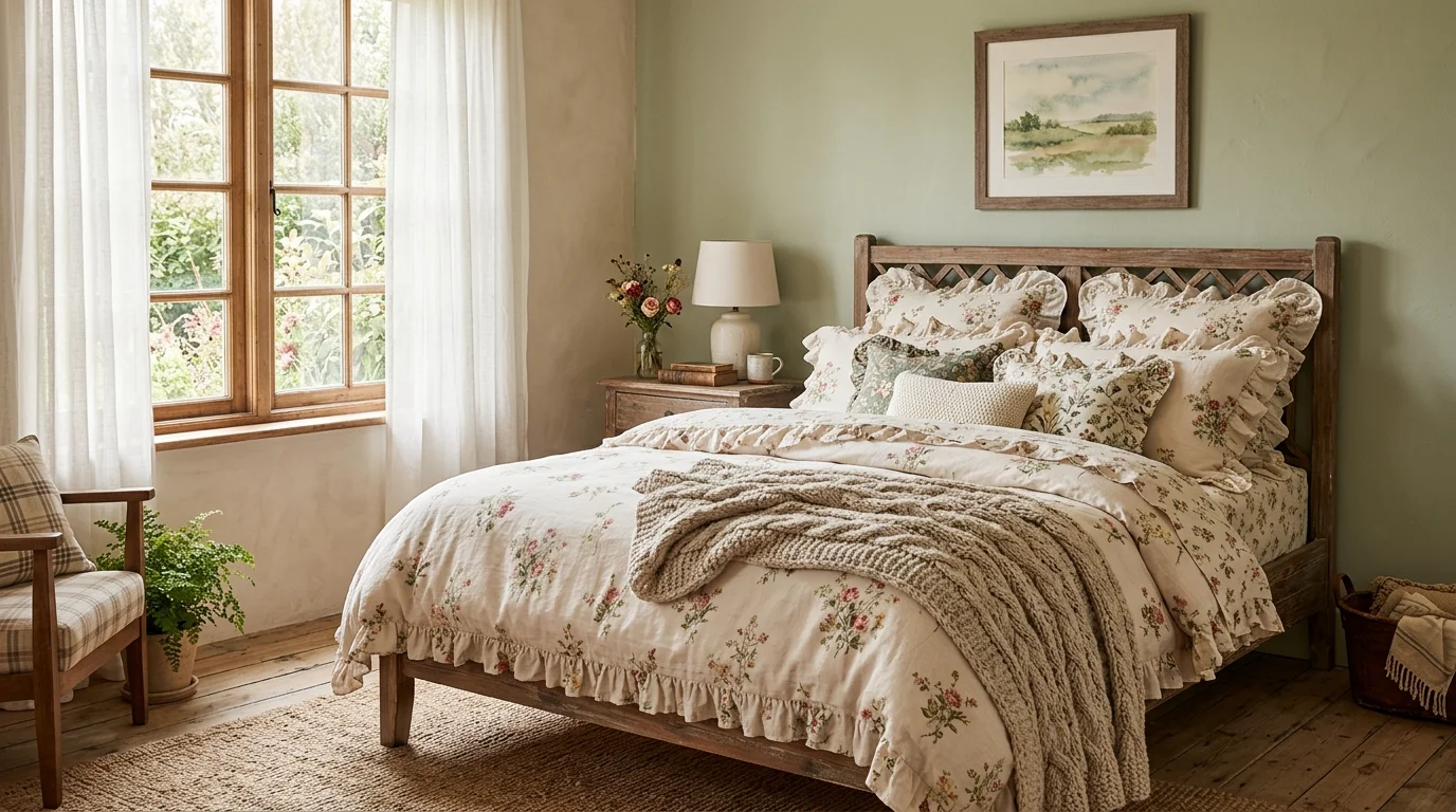 A cozy bedroom with a wooden bed frame layered with ruffled bedding floral pillows and a knitted throw soft natural lighting dreamy cottage aesthetic no people