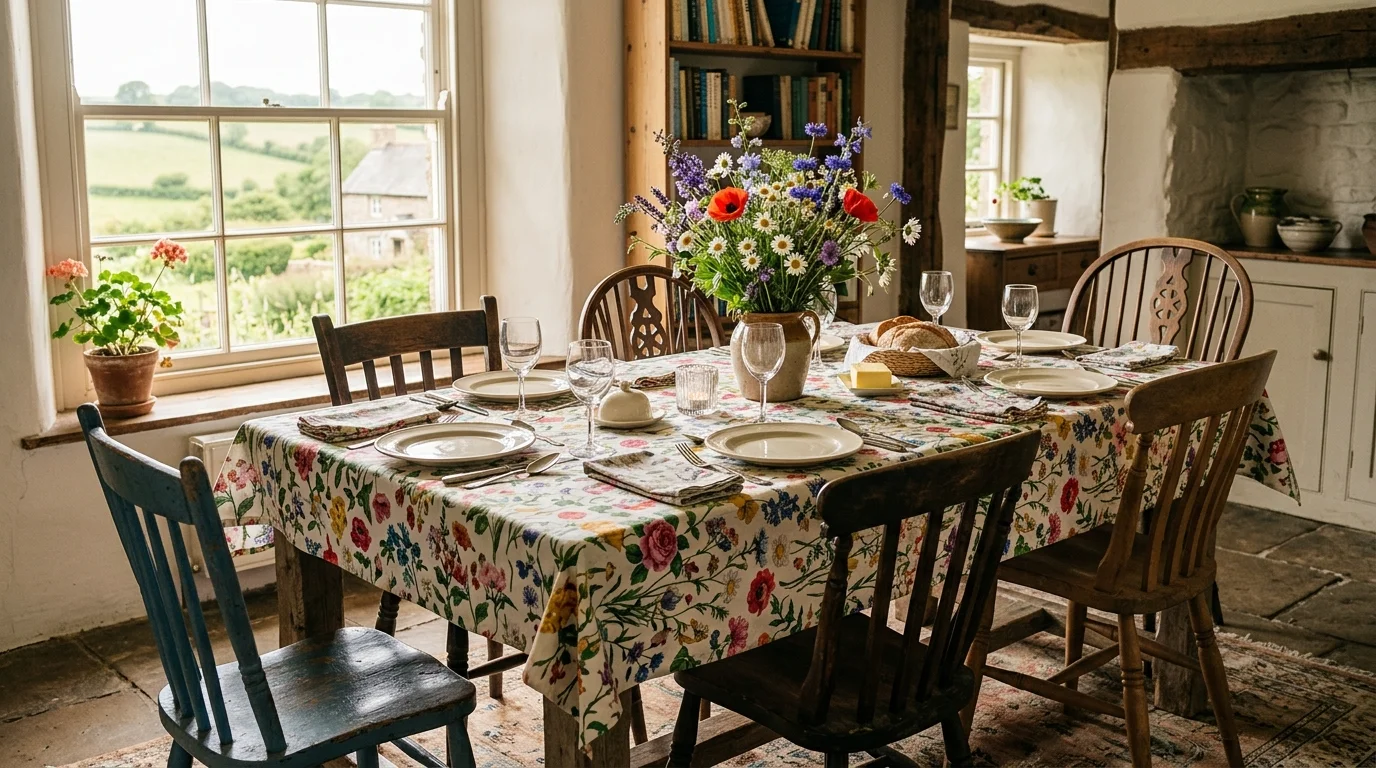 A rustic dining table with mismatched chairs a floral tablecloth and a centerpiece of fresh wildflowers bright natural daylight charming countryside vibe no people