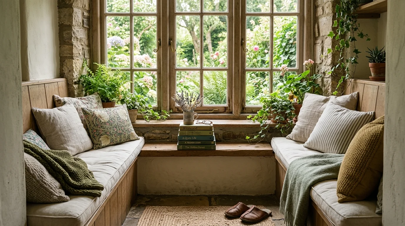 A window nook with a cushioned bench layered with soft pillows and a small stack of books surrounded by greenery soft sunlight peaceful cottage retreat no people