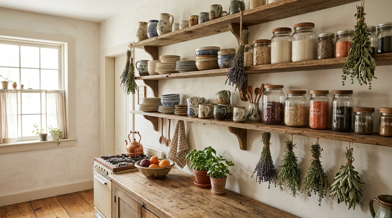 A kitchen with open wooden shelves displaying ceramic dishes jars and dried herbs bright natural lighting warm inviting cottagecore charm no people