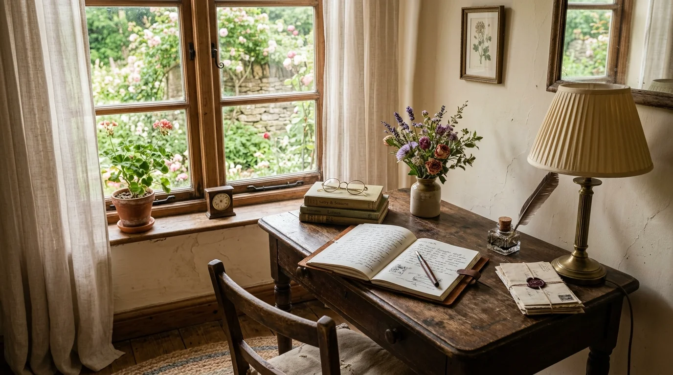 A small writing desk with vintage decor a lamp and handwritten notes placed near a window soft daylight romantic nostalgic setting no people