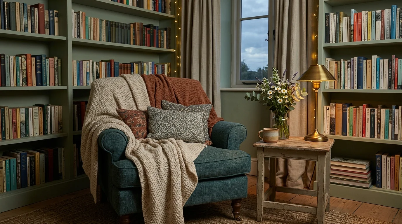 A cozy reading corner with an armchair layered with blankets and a small side table with flowers warm soft lighting relaxing storybook feel no people