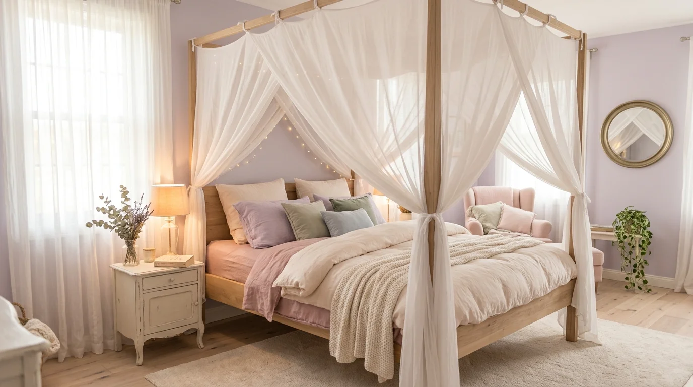 A bedroom with sheer canopy drapes over the bed and soft pastel tones creating a whimsical romantic atmosphere soft lighting dreamy aesthetic no people