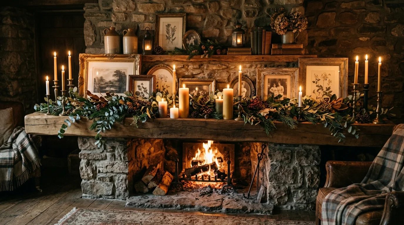 A rustic mantel decorated with candles greenery and antique frames warm ambient lighting cozy cottage charm no people