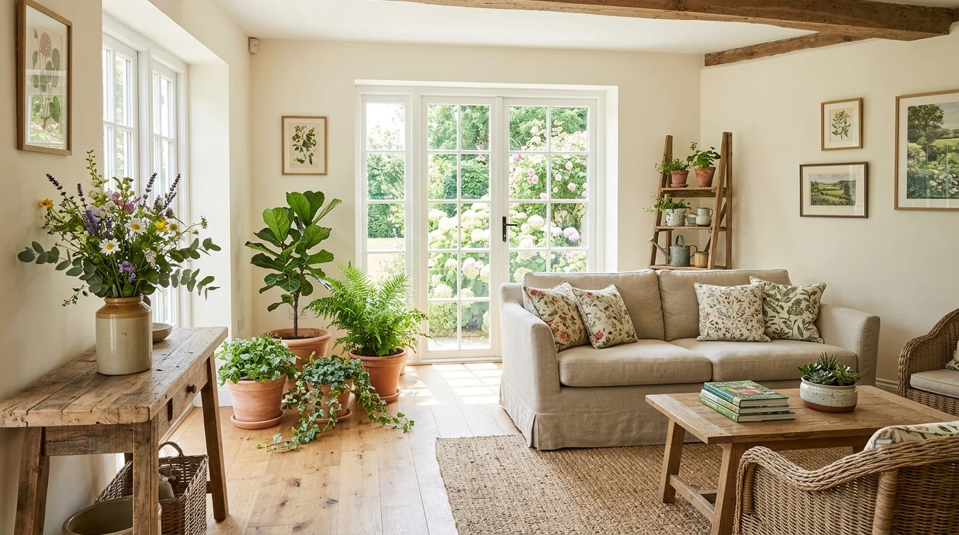 A garden inspired interior with potted plants floral arrangements and natural wood elements bright natural light fresh countryside vibe no people