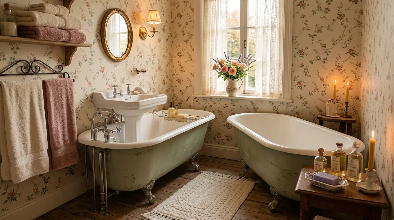 A bathroom with vintage fixtures floral accents and soft textiles warm lighting romantic cottage style no people