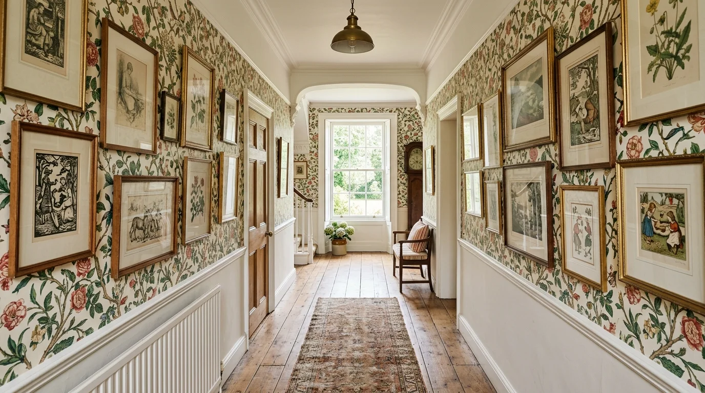 A hallway with wooden floors floral wallpaper and framed vintage art bright natural daylight classic storybook design no people