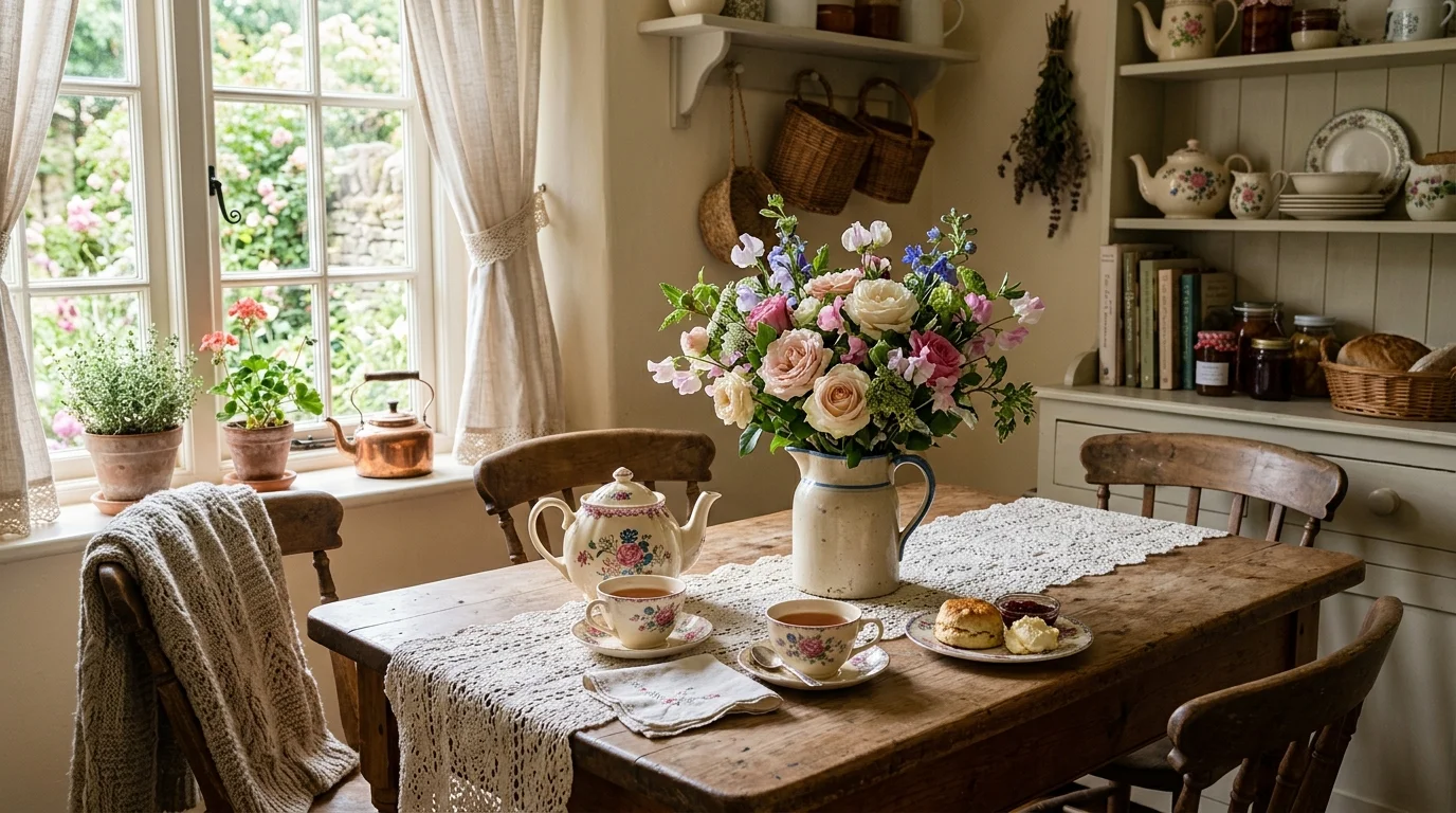 A cottagecore kitchen table styled with a lace runner teacups and fresh flowers soft natural lighting nostalgic cozy scene no people