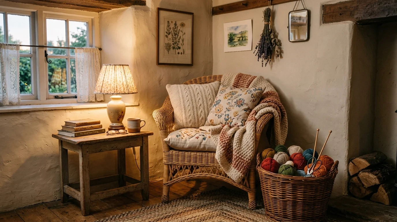 A cozy corner with a wicker chair soft cushions and a basket of yarn warm lighting inviting handmade cottage aesthetic no people