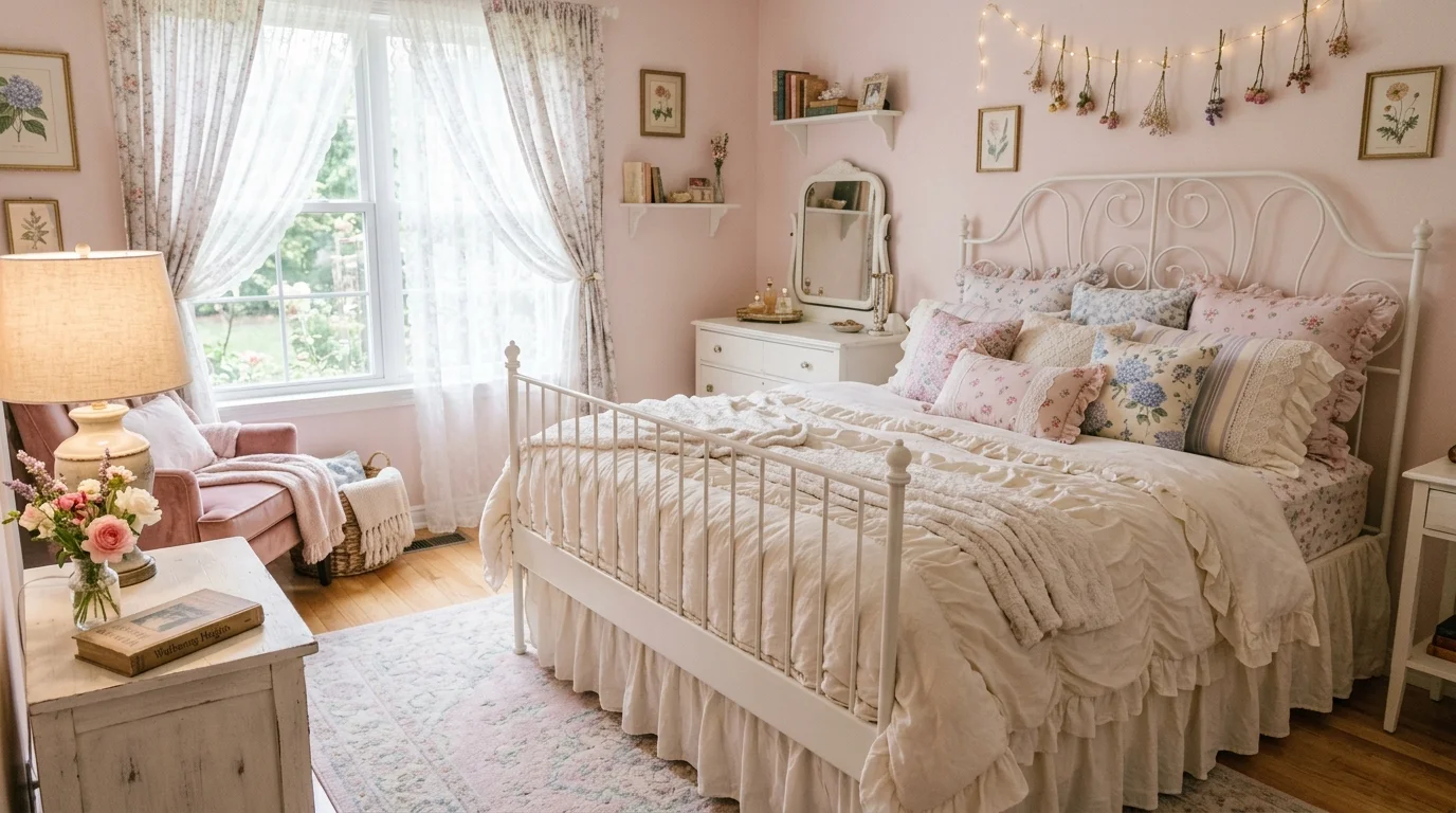 A bedroom with a white iron bed frame layered with ruffled bedding and pastel floral pillows soft diffused lighting dreamy feminine aesthetic no people