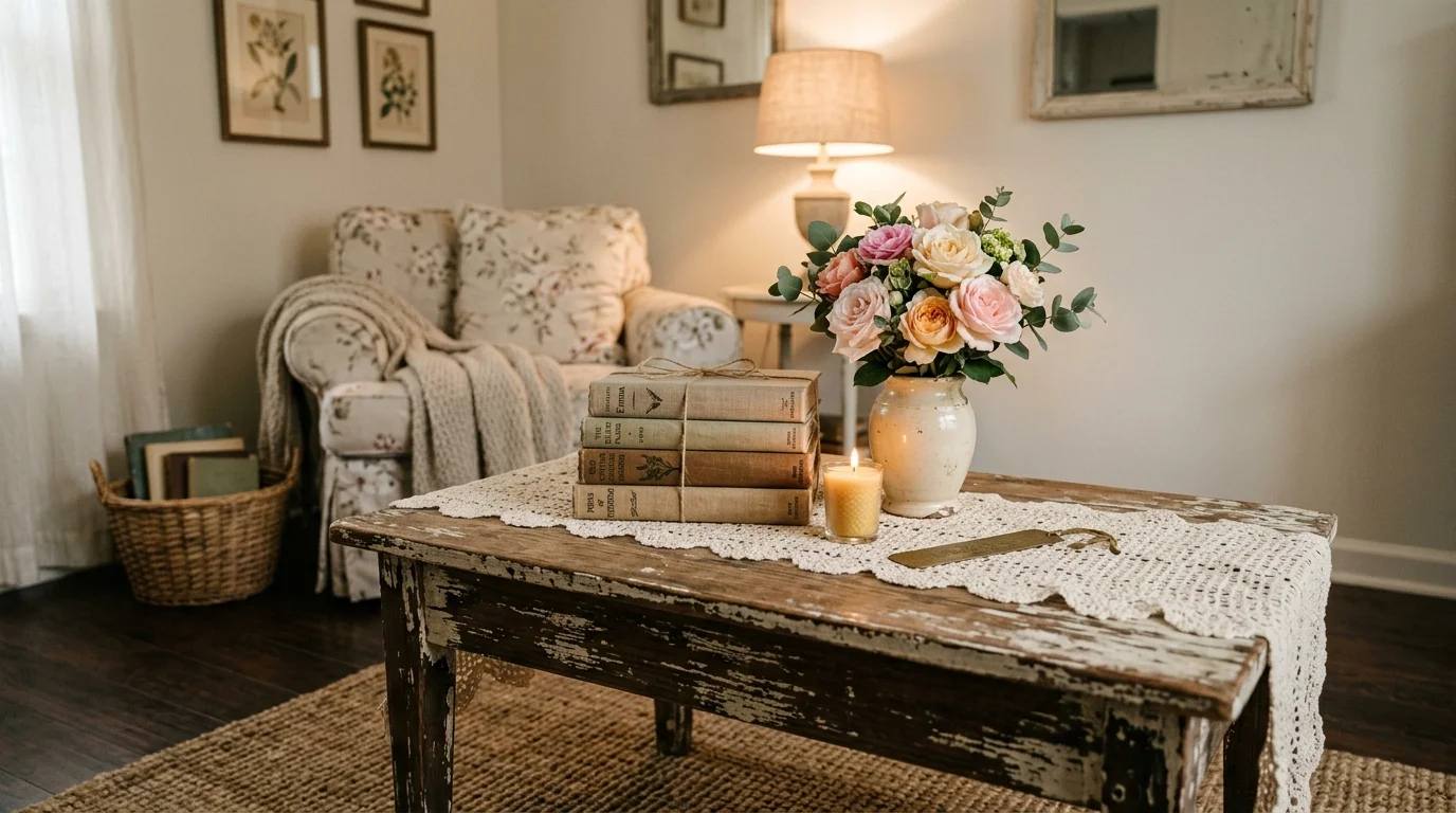 A rustic coffee table styled with vintage books a lace runner and a small bouquet of roses warm soft lighting cozy shabby chic decor no people