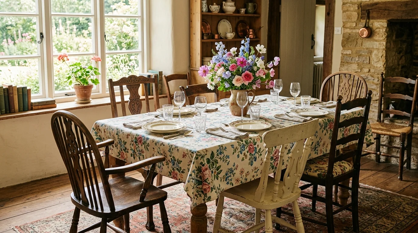 A dining table with mismatched vintage chairs a floral tablecloth and a centerpiece of fresh flowers bright natural daylight charming nostalgic setting no people