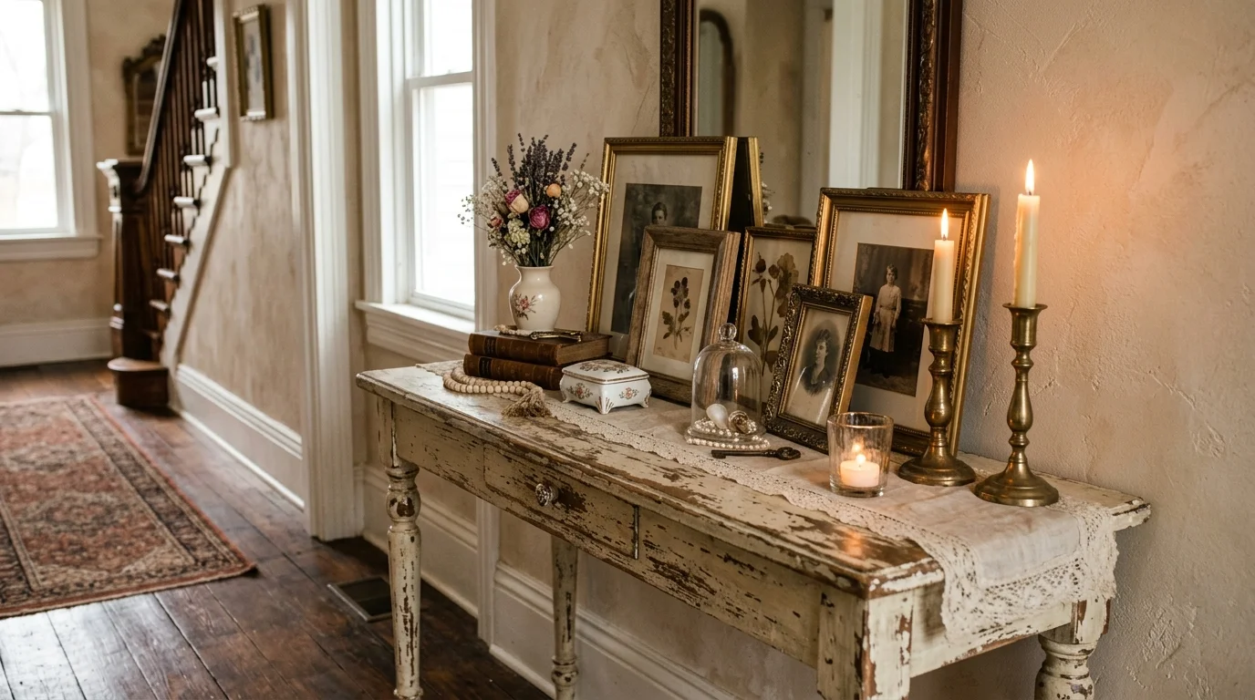A console table with distressed paint topped with antique frames candles and delicate decor soft lighting romantic vintage styling no people