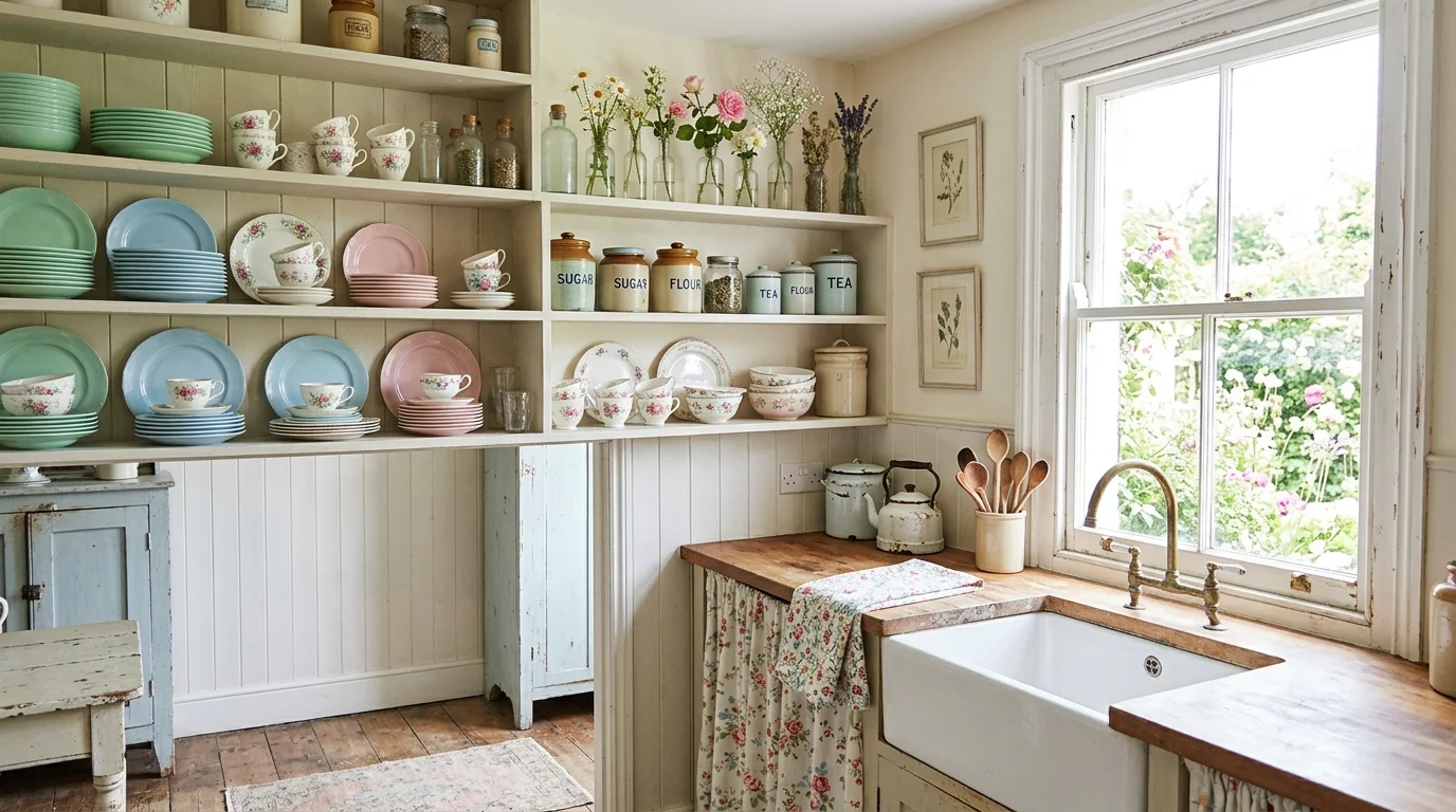 A shabby chic kitchen with open shelves displaying pastel dishes floral accents and vintage jars bright natural light airy cottage feel no people