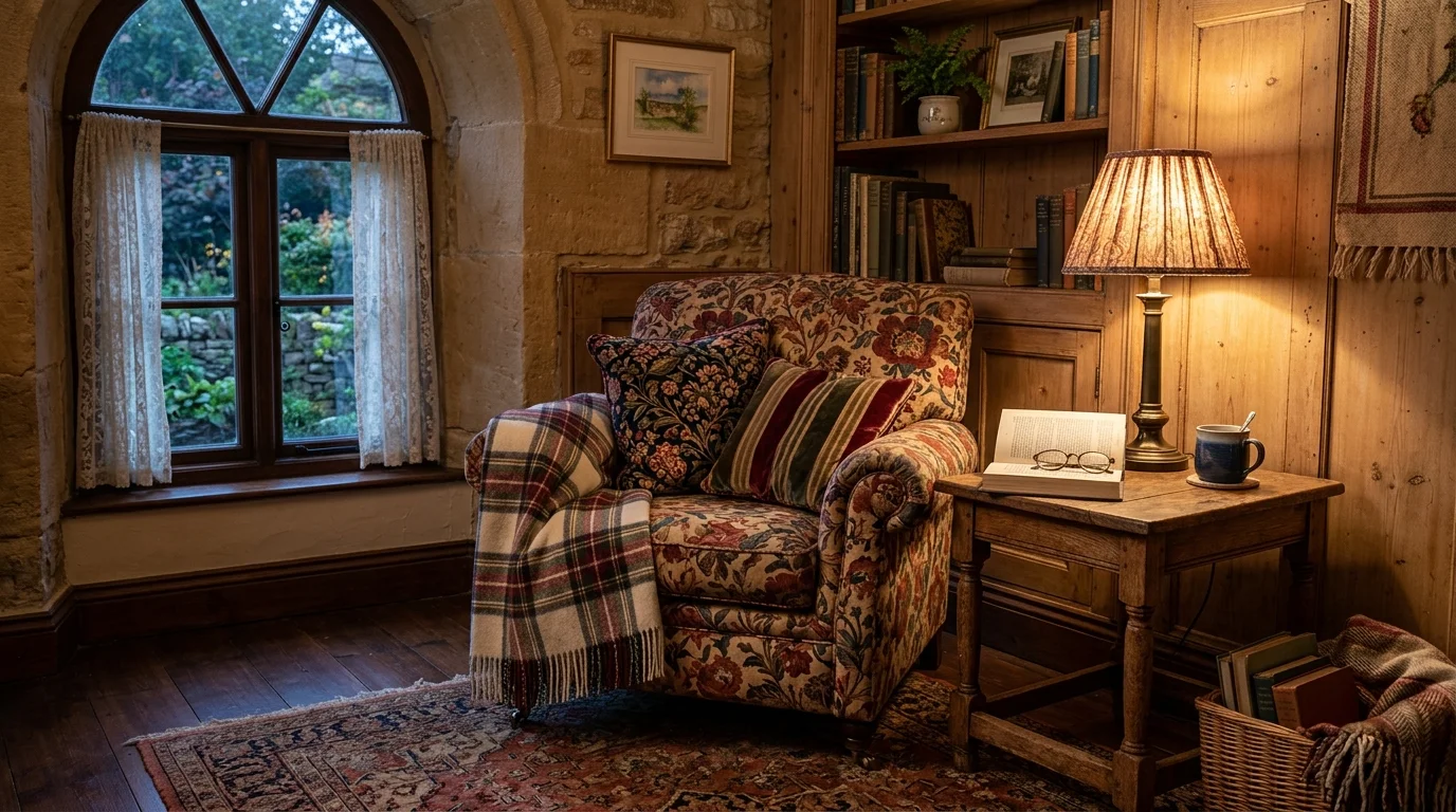 A cozy reading nook with a soft armchair floral throw pillows and a small side table with a lamp warm lighting inviting vintage corner no people