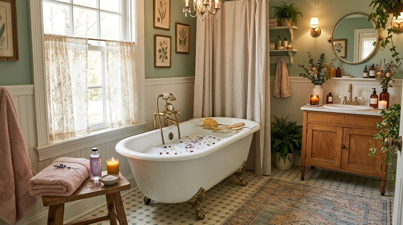 A bathroom with a clawfoot tub lace curtains and soft pastel decor warm ambient lighting elegant vintage spa feel no people
