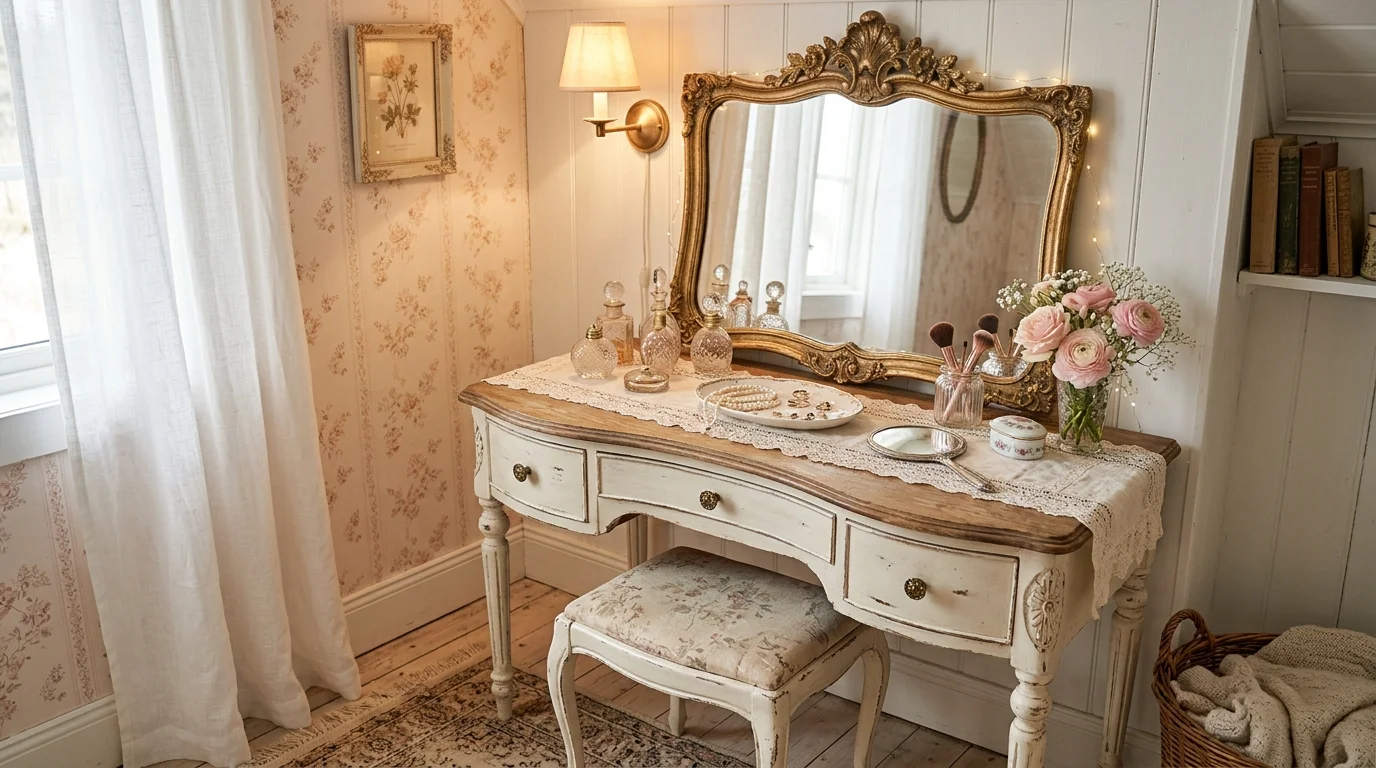 A bedroom corner with a vanity table featuring an ornate mirror and delicate accessories soft lighting feminine shabby chic charm no people