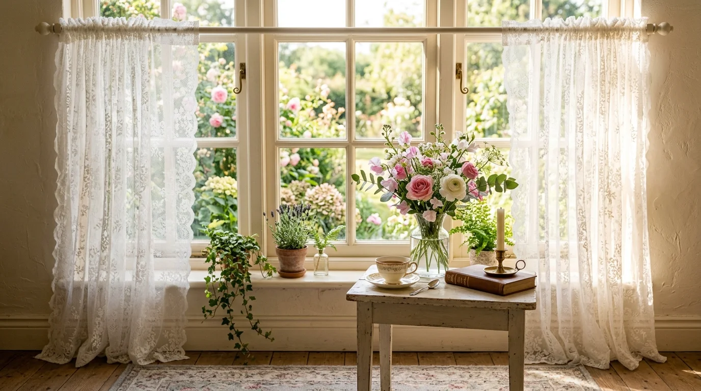 A window area with sheer lace curtains and a small table with flowers bright natural light soft romantic ambiance no people