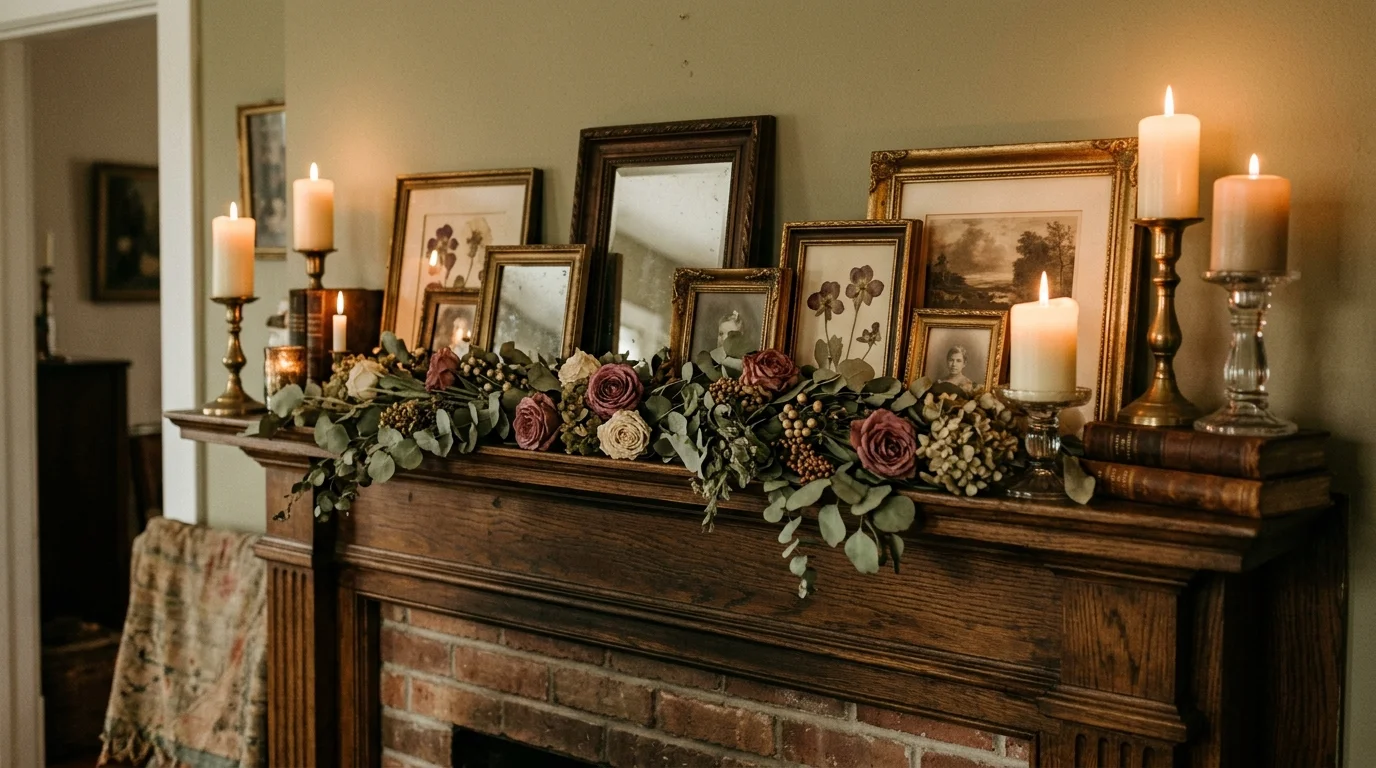 A mantel decorated with vintage frames floral garlands and candles warm soft lighting cozy timeless decor no people