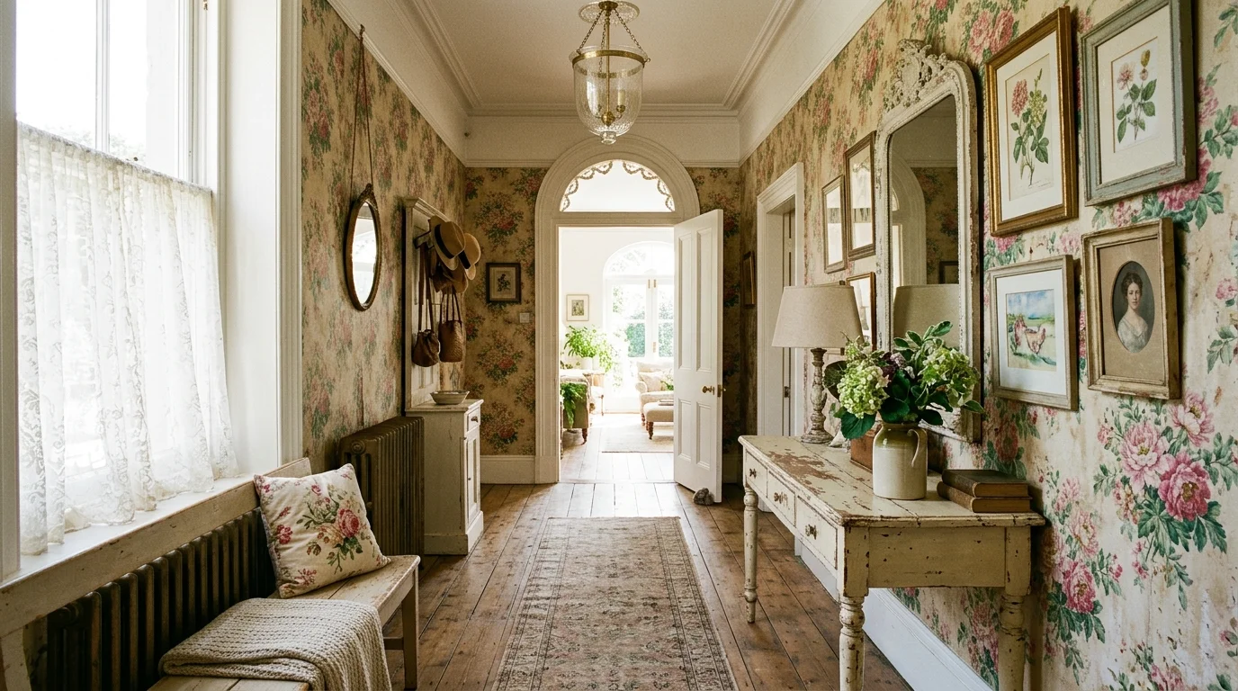 A hallway with distressed furniture floral wallpaper and framed art bright natural daylight classic shabby chic style no people