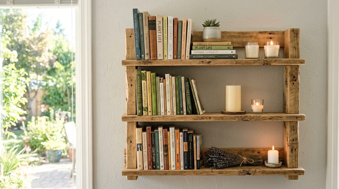 A pallet wood shelf with a natural finish used to display books and candles bright natural daylight simple budget friendly storage no people