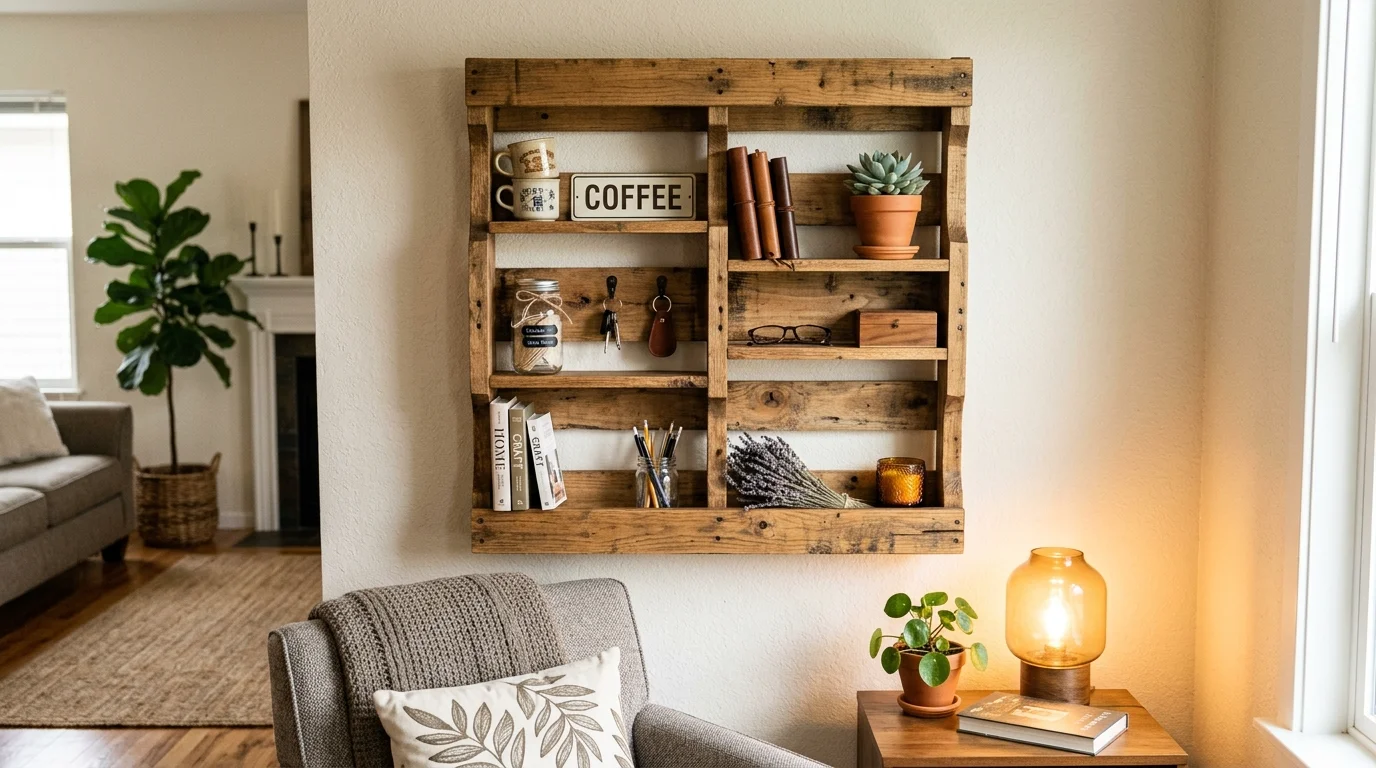 A DIY pallet shelf with built in compartments for organizing small items placed in a living room soft lighting functional rustic design no people