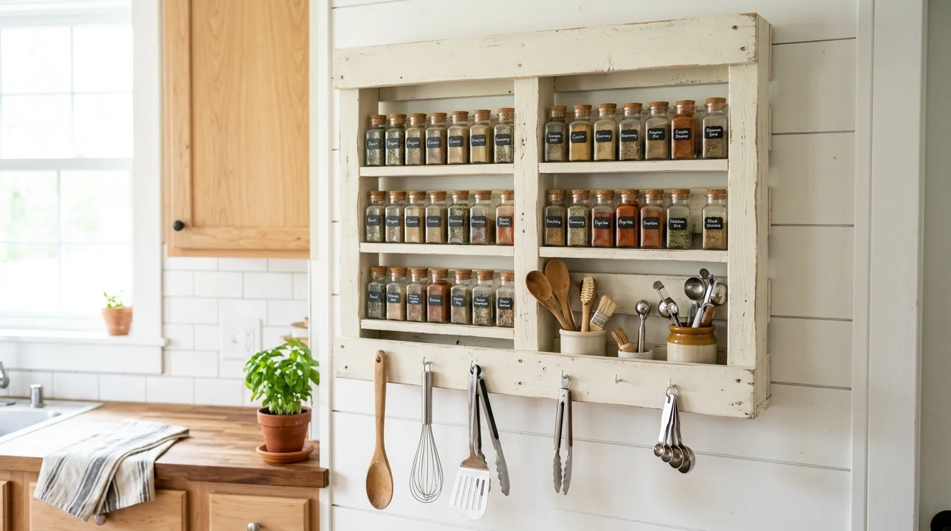 A pallet shelf painted white used in a kitchen to hold spices jars and utensils bright lighting clean farmhouse look no people