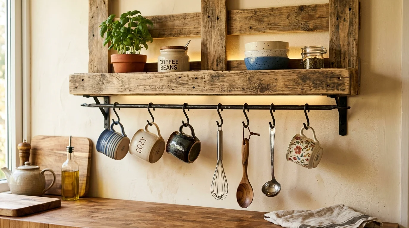 A pallet shelf with hooks underneath used to hang mugs and kitchen tools warm lighting practical stylish storage no people