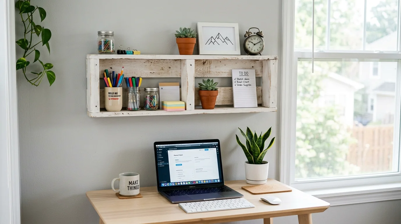 A small pallet shelf above a desk holding stationery and decor items bright natural light efficient workspace organization no people
