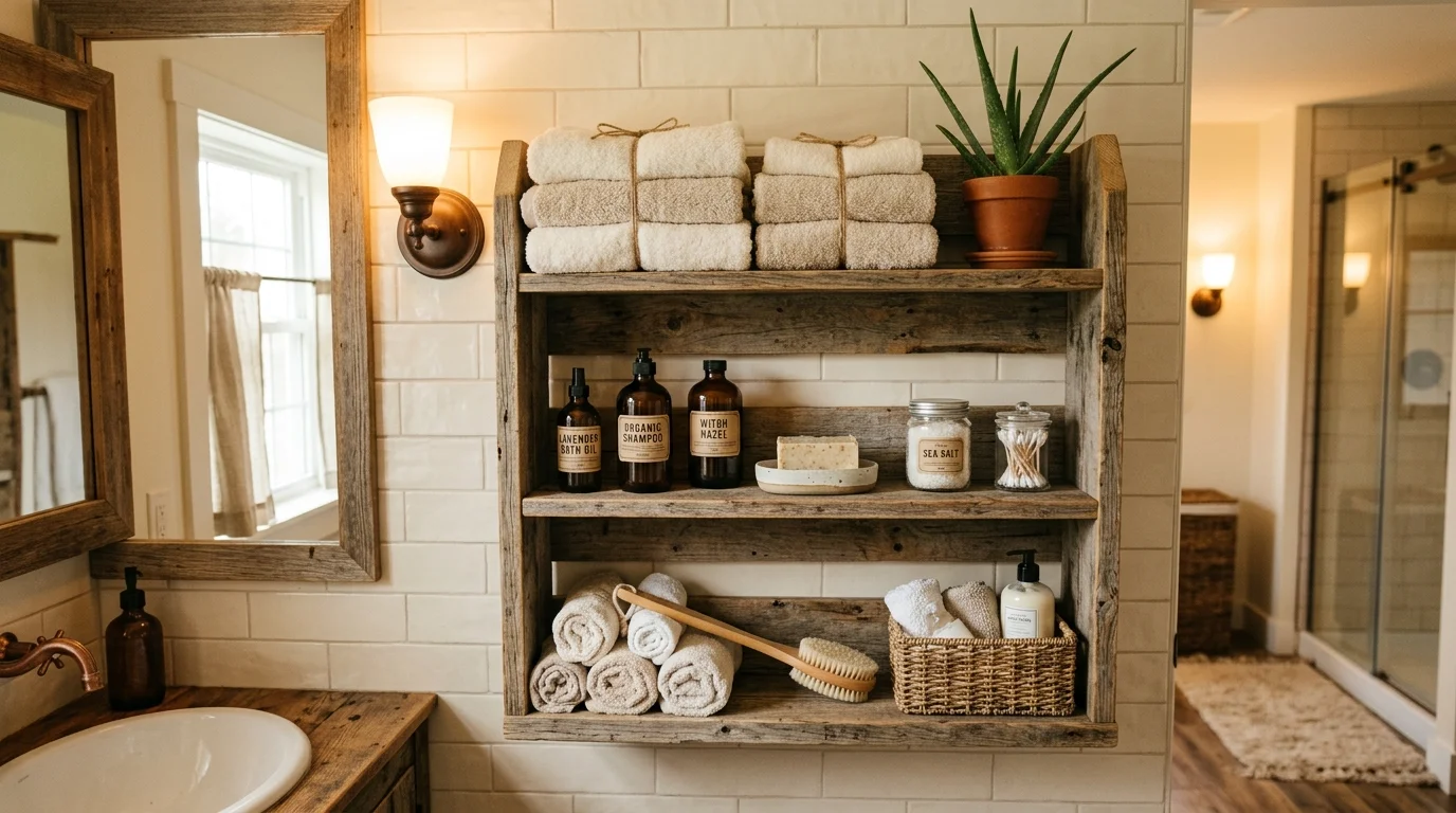A pallet shelf used in a bathroom to hold towels and toiletries soft lighting cozy rustic decor no people