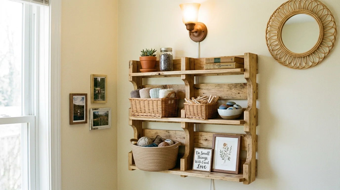 A pallet shelf styled with baskets and small decorative pieces bright lighting charming budget friendly wall decor no people