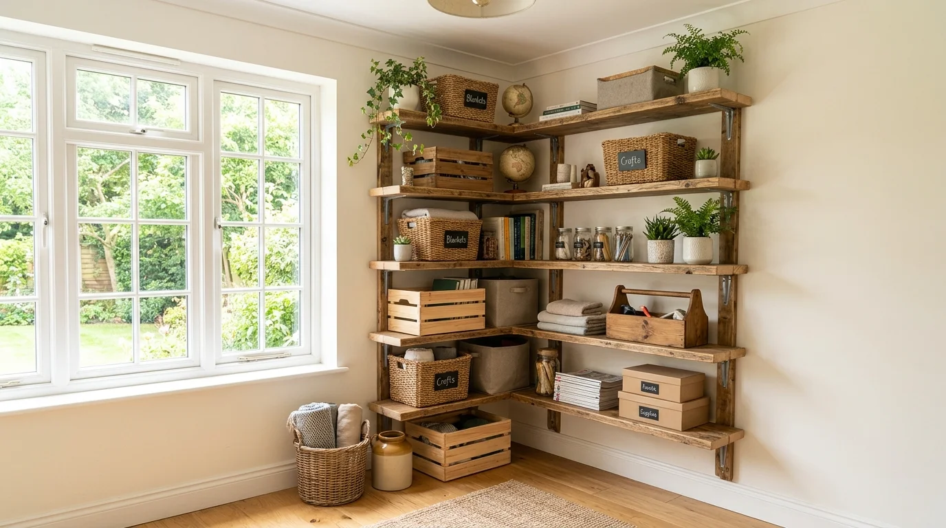A multi tier pallet shelf mounted in a corner maximizing space bright natural daylight smart compact storage no people