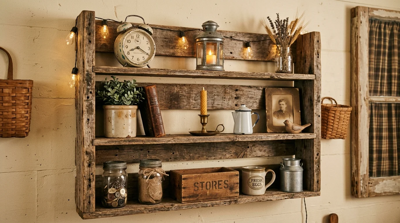 A pallet shelf with a distressed finish holding vintage decor items warm soft lighting rustic farmhouse aesthetic no people