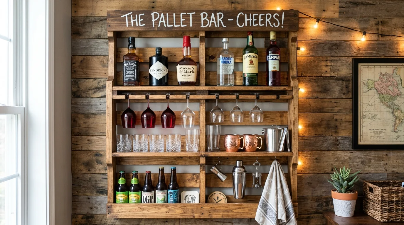 A pallet shelf used as a mini bar with bottles and glasses arranged neatly bright lighting creative DIY idea no people