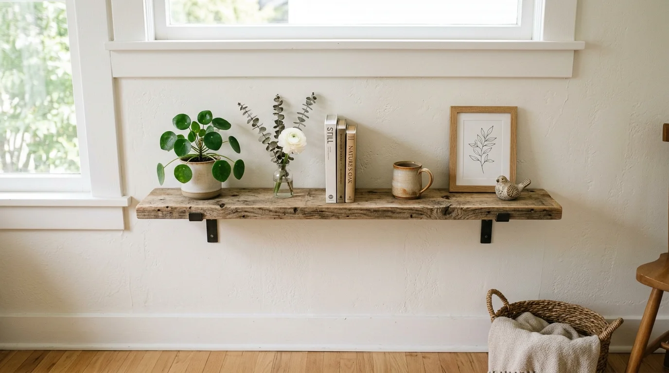 A simple pallet plank shelf with minimal decor items bright natural light clean uncluttered rustic style no people