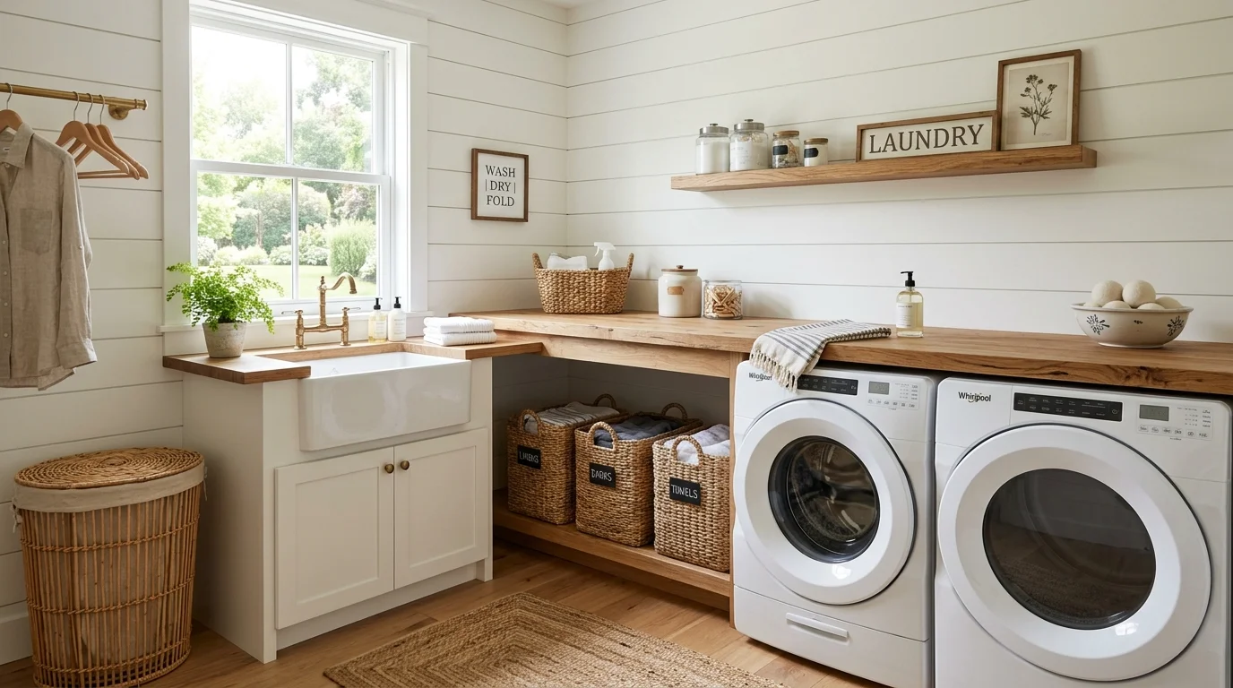 A laundry room with shiplap walls a wooden countertop over washer and dryer and woven baskets underneath bright natural daylight cozy farmhouse design no people