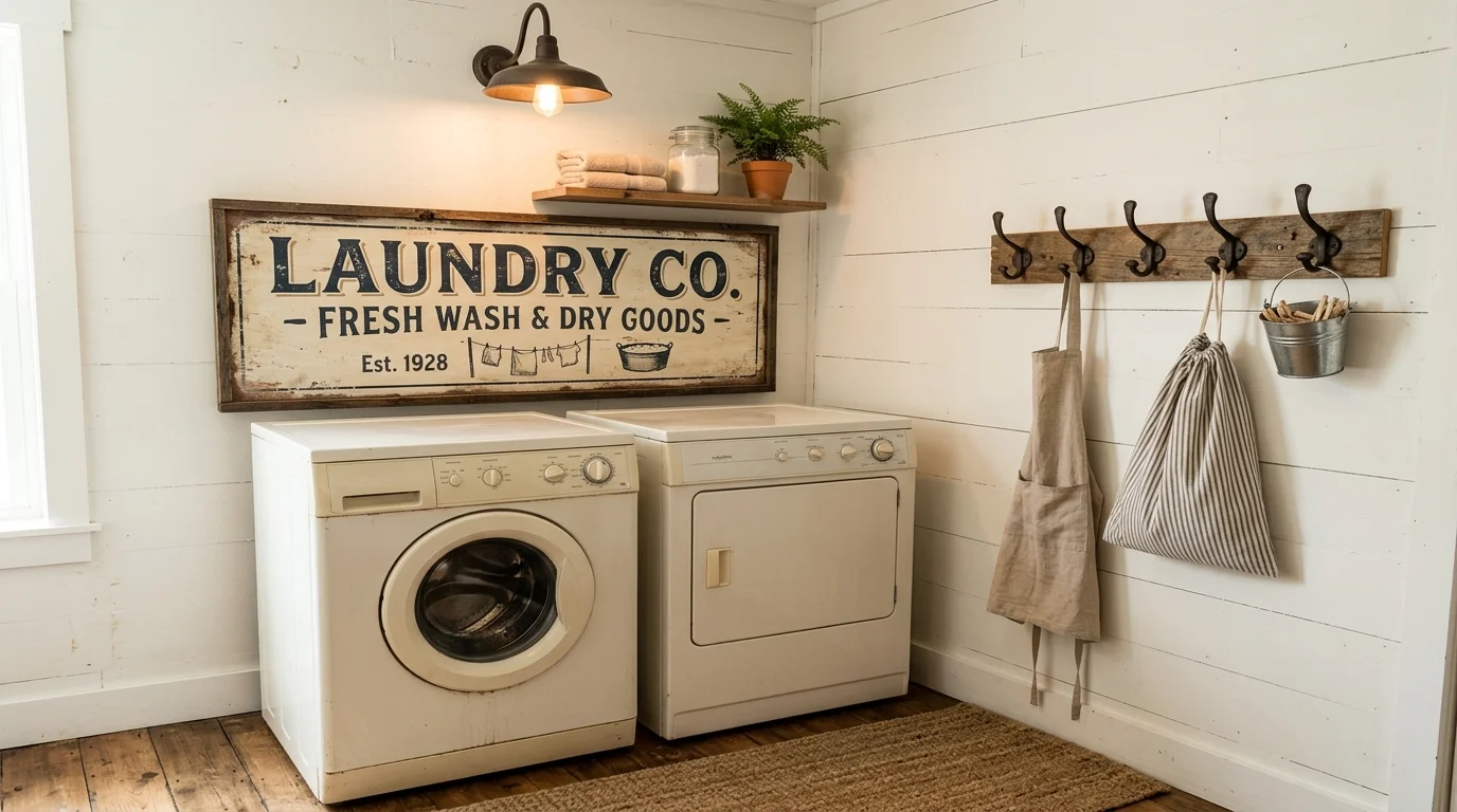 A wall with a vintage style sign above the machines paired with simple decor and hooks warm lighting classic farmhouse charm no people