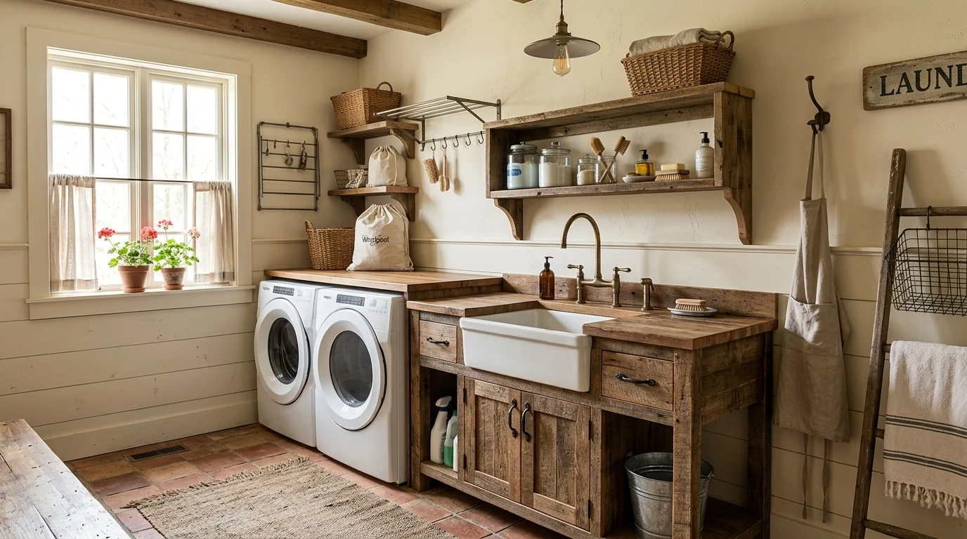 A farmhouse laundry room with a utility sink wooden cabinet and metal fixtures soft lighting functional rustic design no people