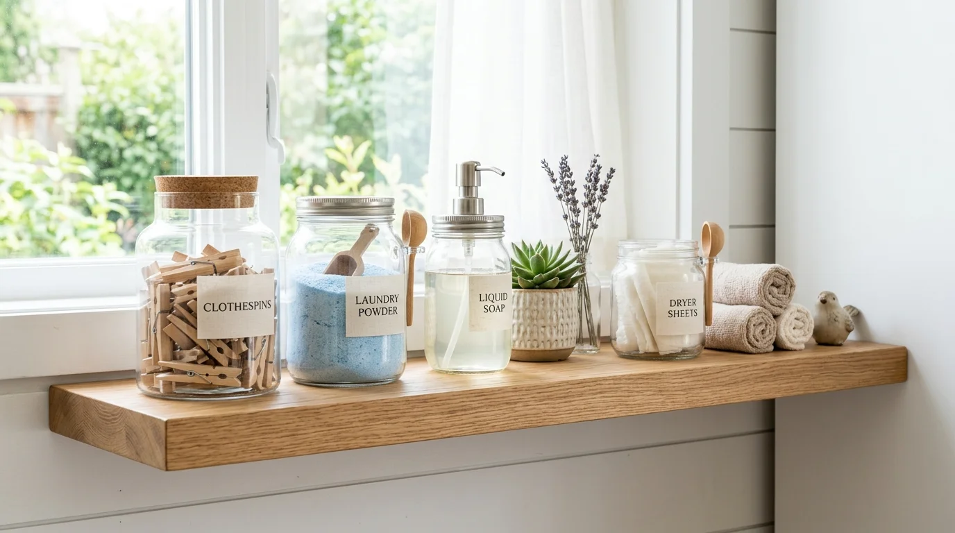 A shelf styled with glass jars filled with detergent clothespins and small decor items bright natural light clean organized look no people